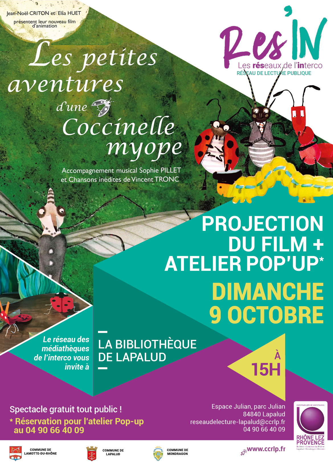 Projection film ＂Les petites aventures d'une coccinelle myope＂ + atelier Pop'up - Dimanche 9 octobre - Bibliothèque Lapalud